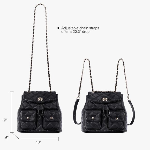 Women’s Small Vegan Leather Quilted Convertible Backpack Purse Black - Picture 6 of 6